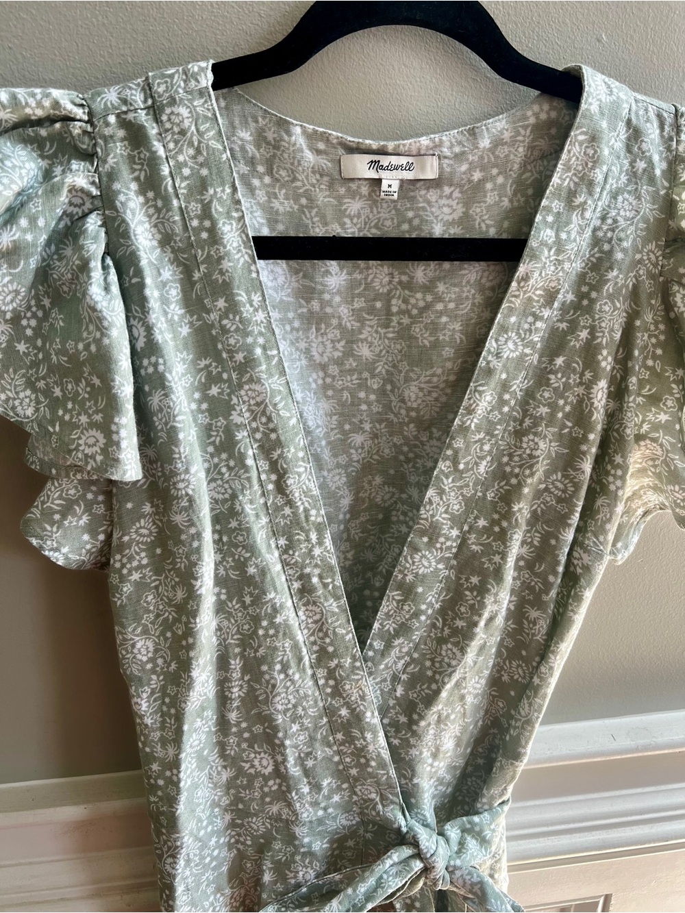 Madewell Medium Linen Blend Floral Wrap Maxi Dress Sage Green Ruffle Sleeve - Picture 2 of 8